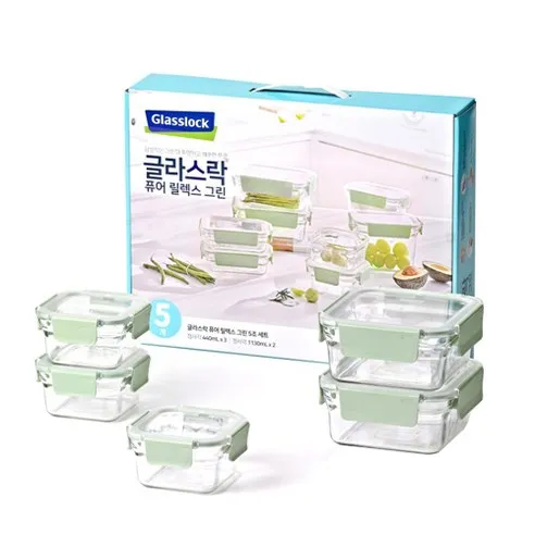 글라스락 퓨어 릴렉스 그린 정사각 밀폐용기 세트, 밀폐용기 440ml..., 1세트