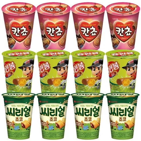 [씩씩가게] 홈런볼컵 51g + 칸쵸컵 88g + 씨리얼컵 89g 4개씩 12ea / 홈런볼컵 홈런볼 칸쵸컵 씨리얼컵 씨리얼초코 초코송이 고래밥 미쯔 초코칩쿠키미니 구운감자